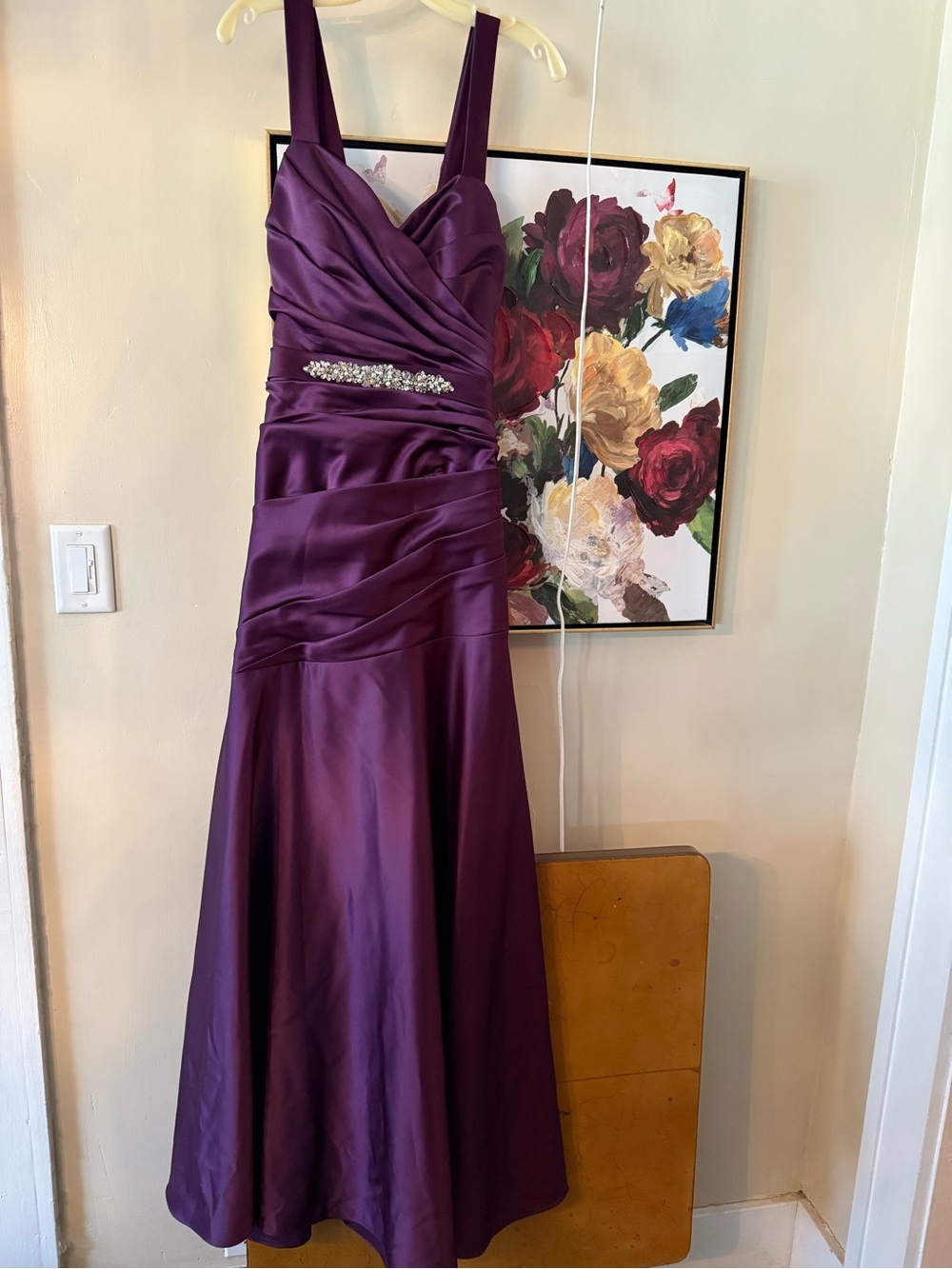 Sleeveless Plum Satin Evening Gown with Beaded Waist